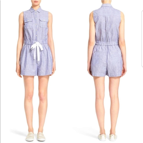 kate spade Pants - Kate Spade Broome Street Linen Blend Striped Romper Tie Waist Sz M